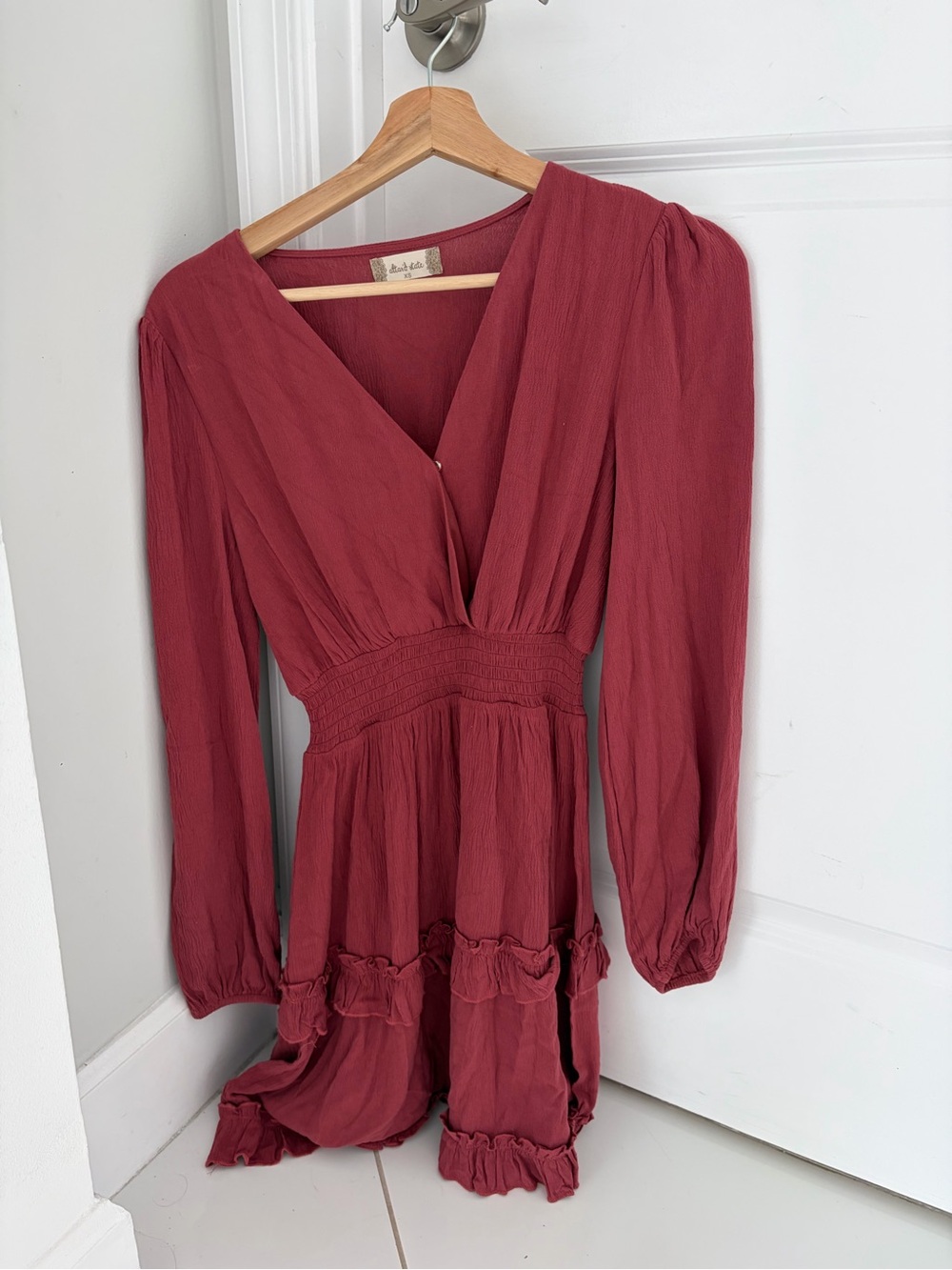 Altar'd State Long Sleeve V-Neck Ruffle Hem Dress in Dusty Rose